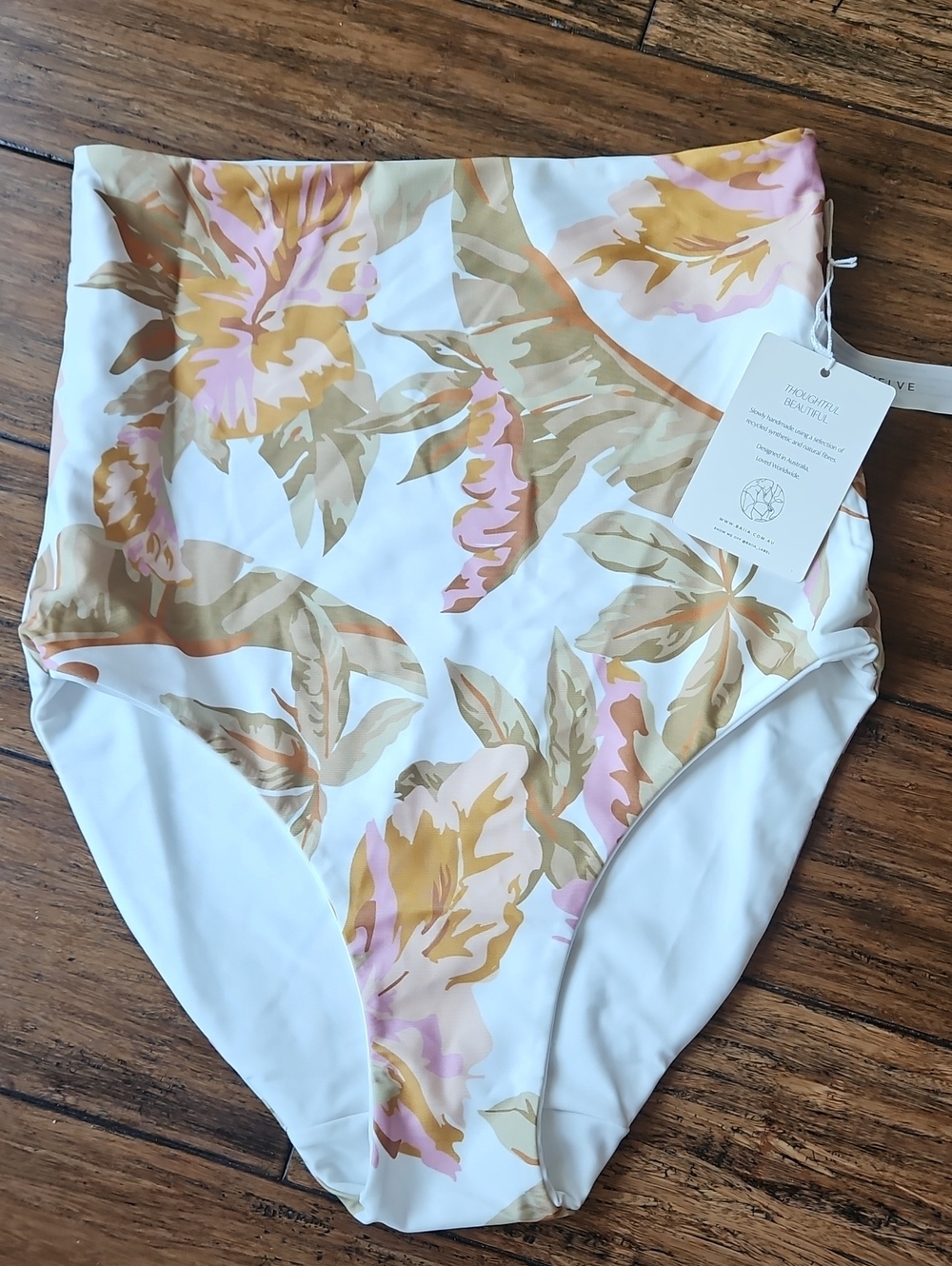 NWT BAIIA High-Waist Floral Bikini Bottoms in White, Beige & Pink AU 12/ US 8